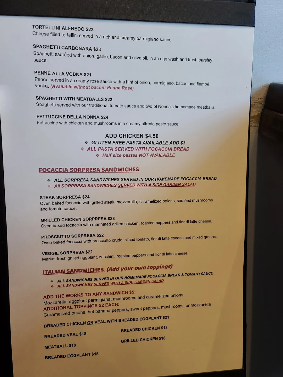 Menu, Nonna's Oven