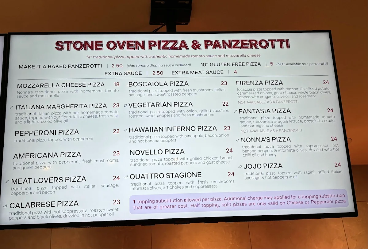 Menu, Nonna's Oven