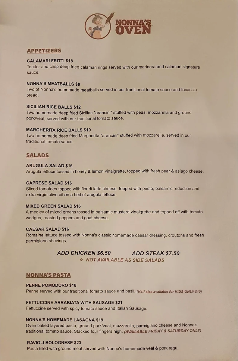 Menu, Nonna's Oven