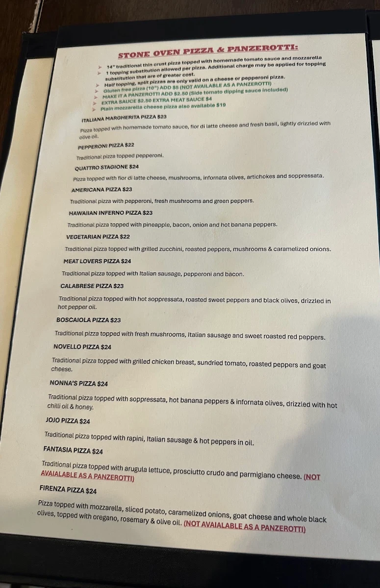 Menu, Nonna's Oven