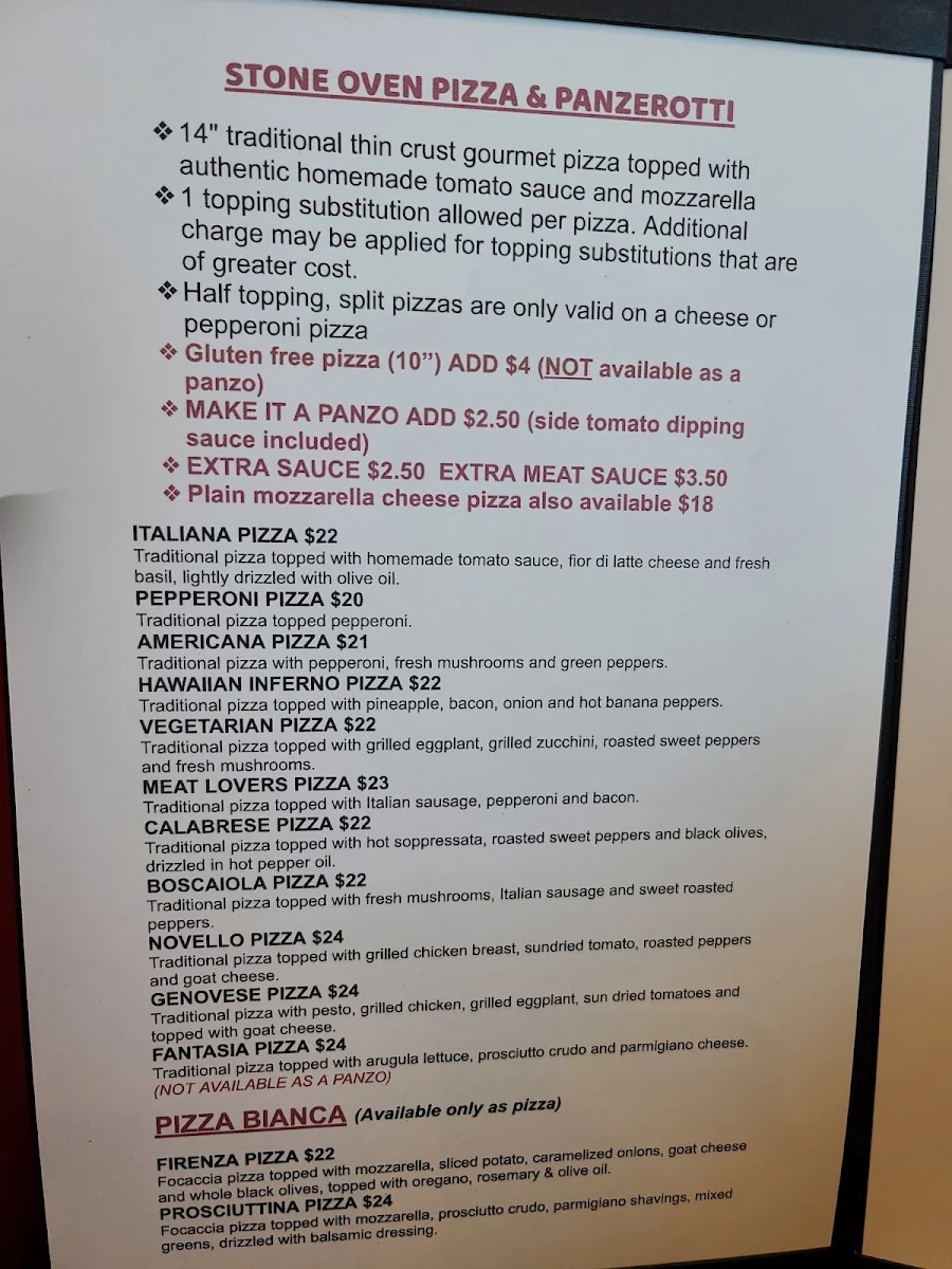 Menu, Nonna's Oven