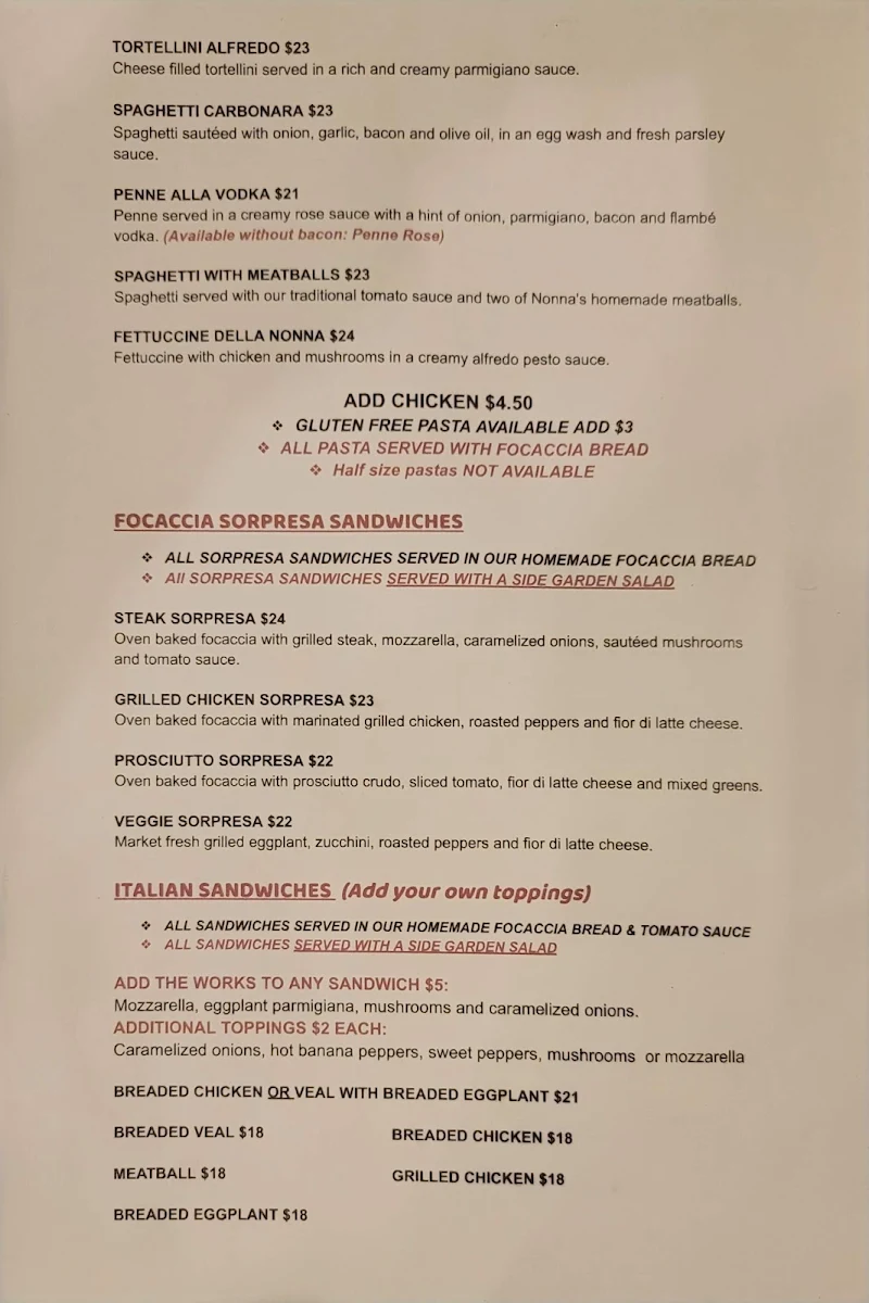 Menu, Nonna's Oven