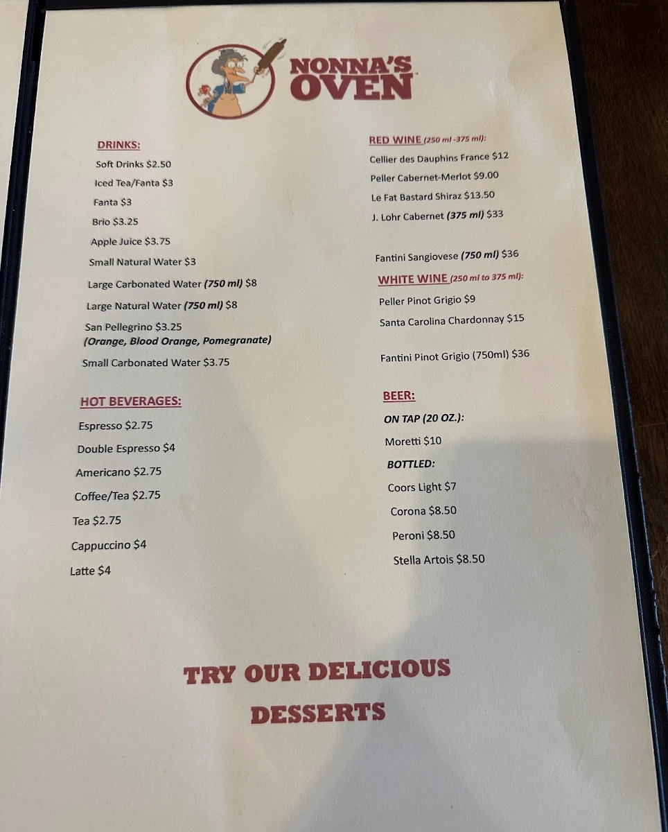 Menu, Nonna's Oven