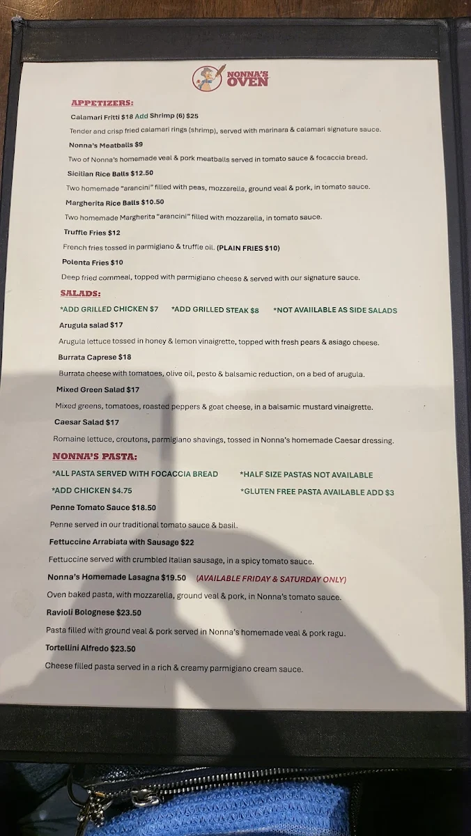 Menu, Nonna's Oven