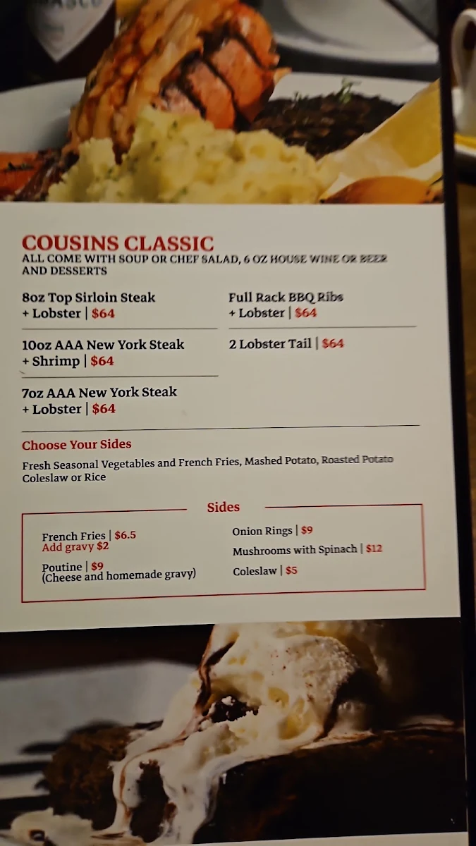 Menu, Cousins Steak House & BAR