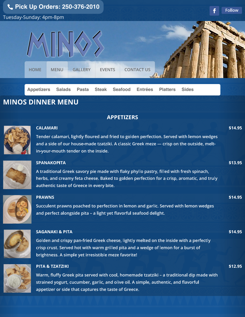 Menu, Minos Greek Souvlaki Restaurant