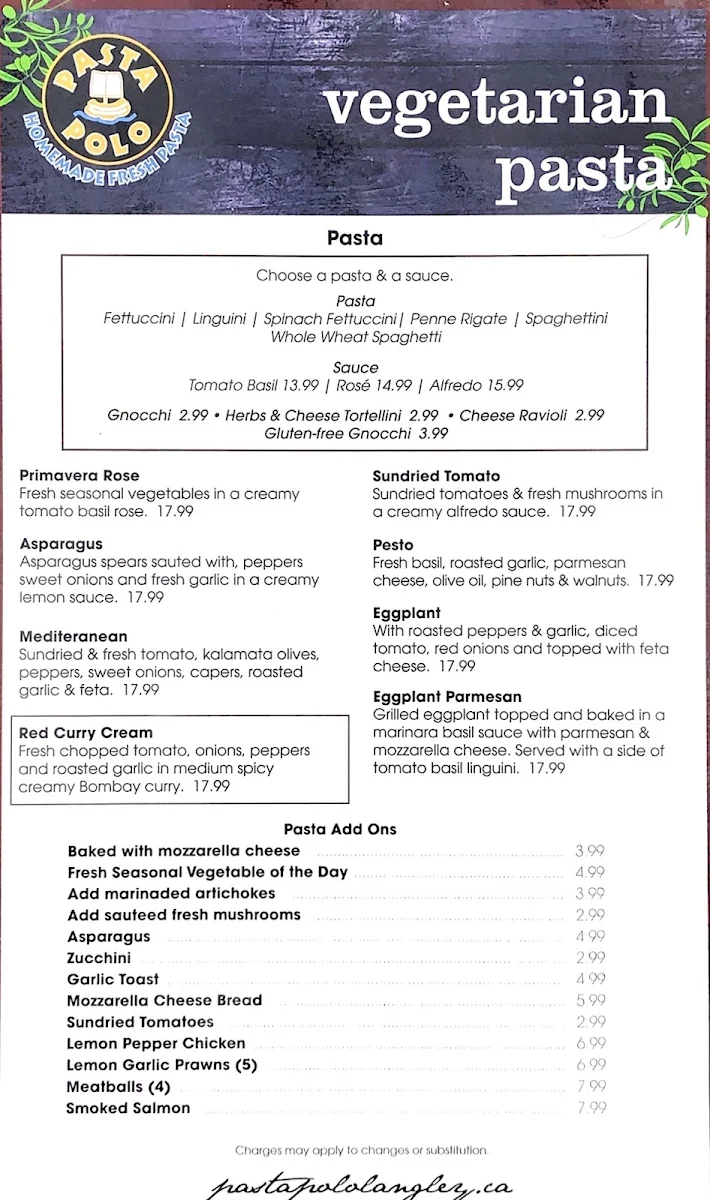 Menu, Pasta Polo Langley