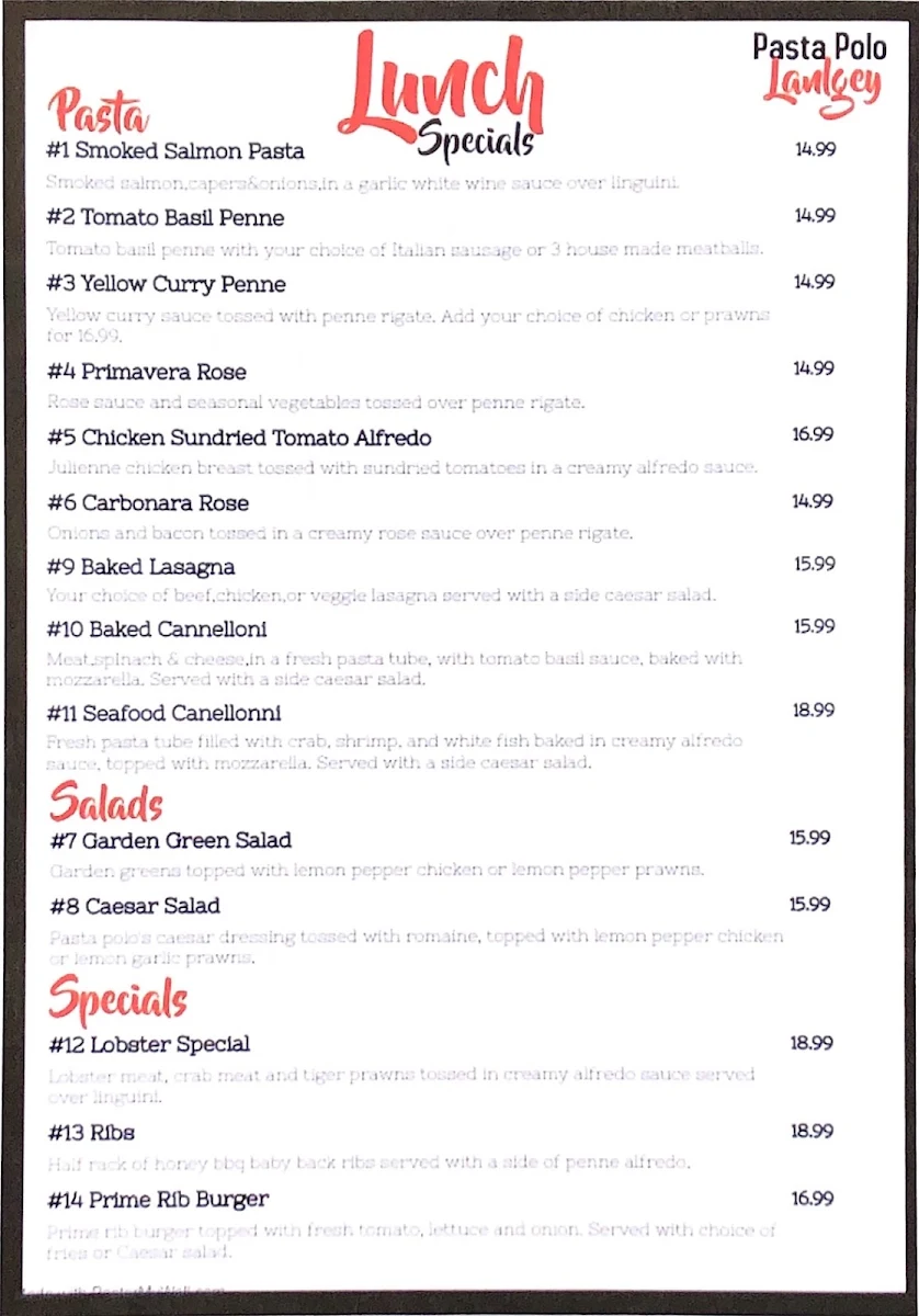 Menu, Pasta Polo Langley