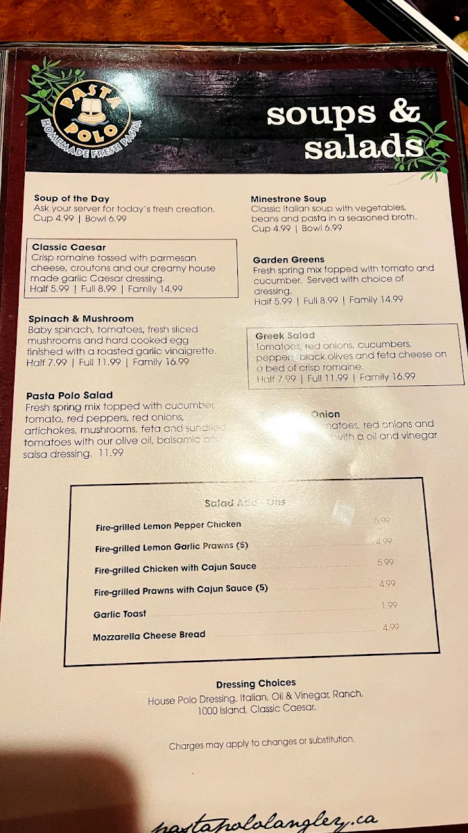 Menu, Pasta Polo Langley
