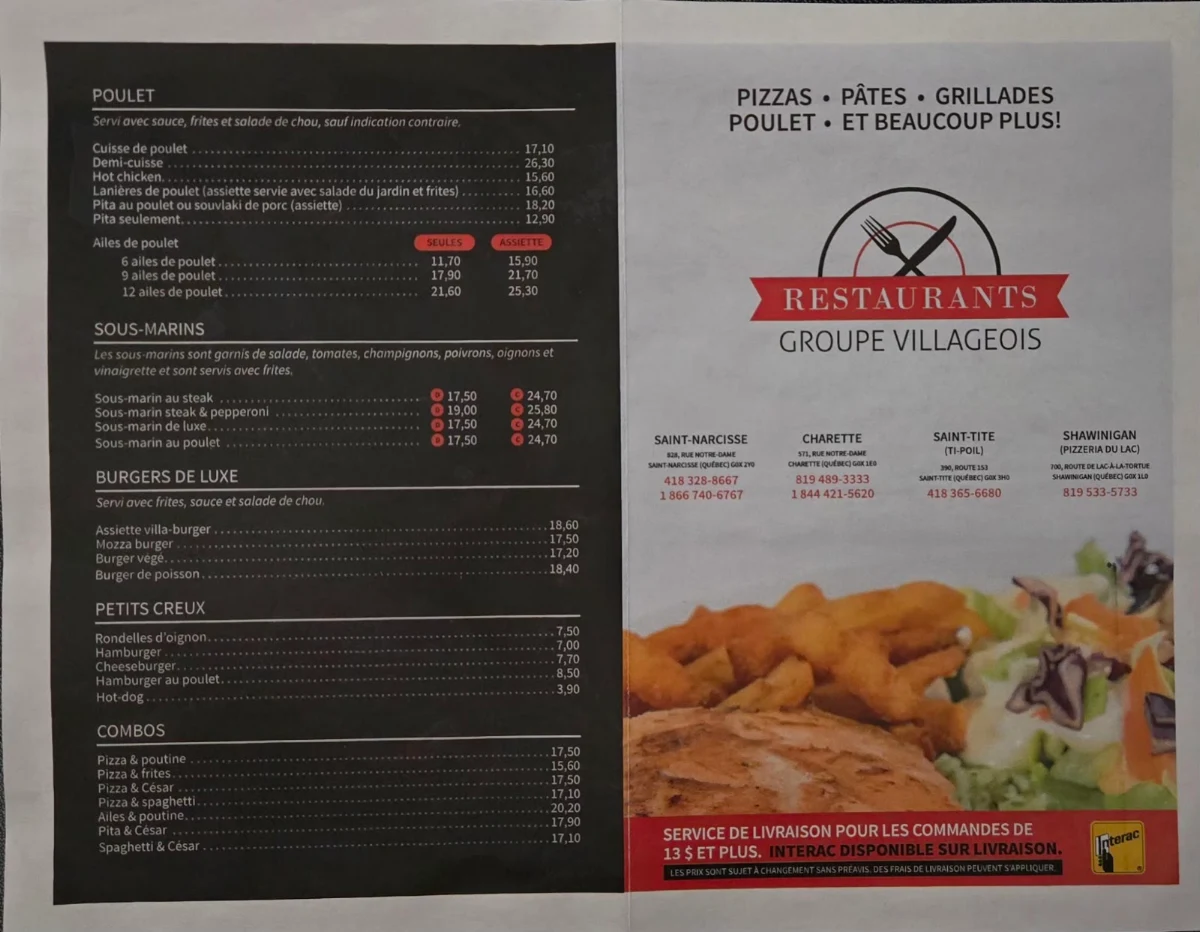 Menu, Pizzeria Du Lac Enr