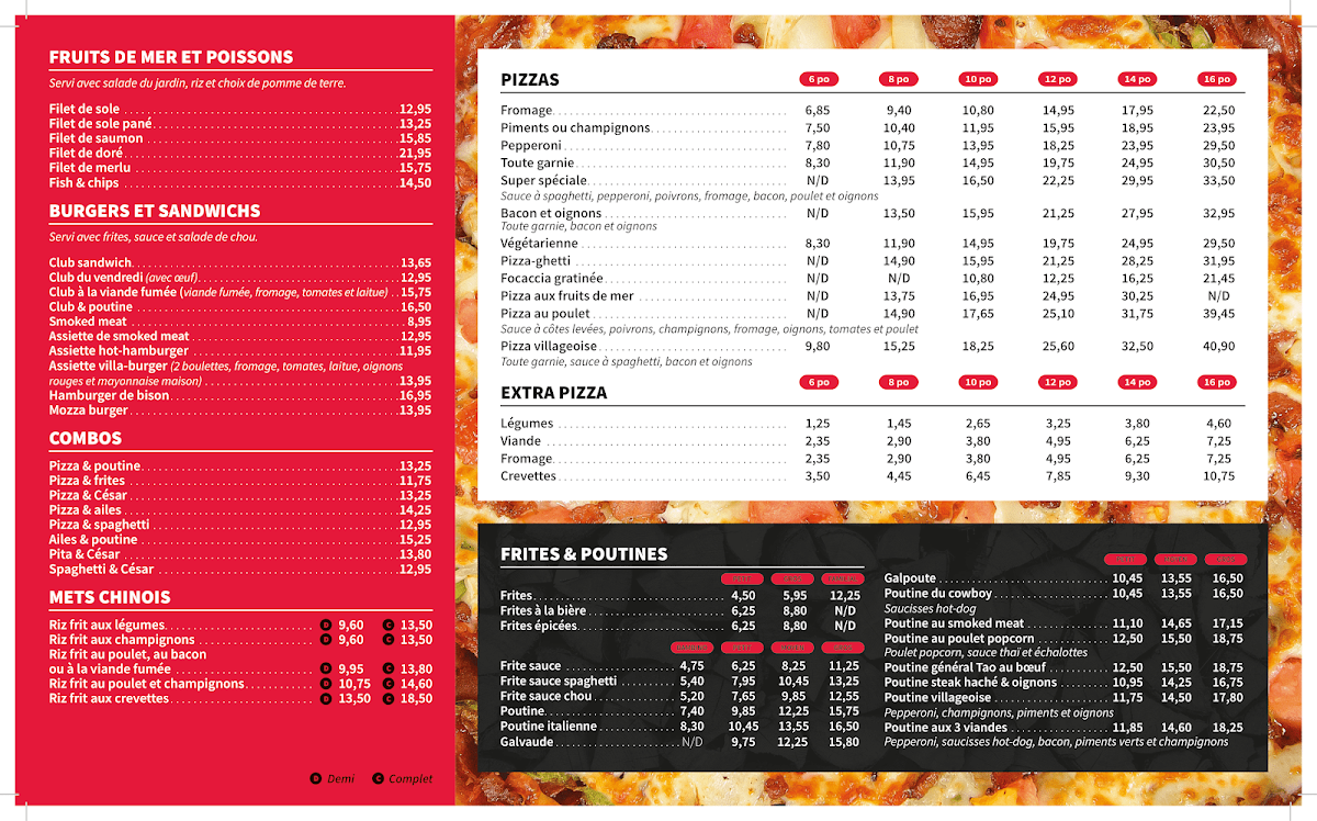 Menu, Pizzeria Du Lac Enr