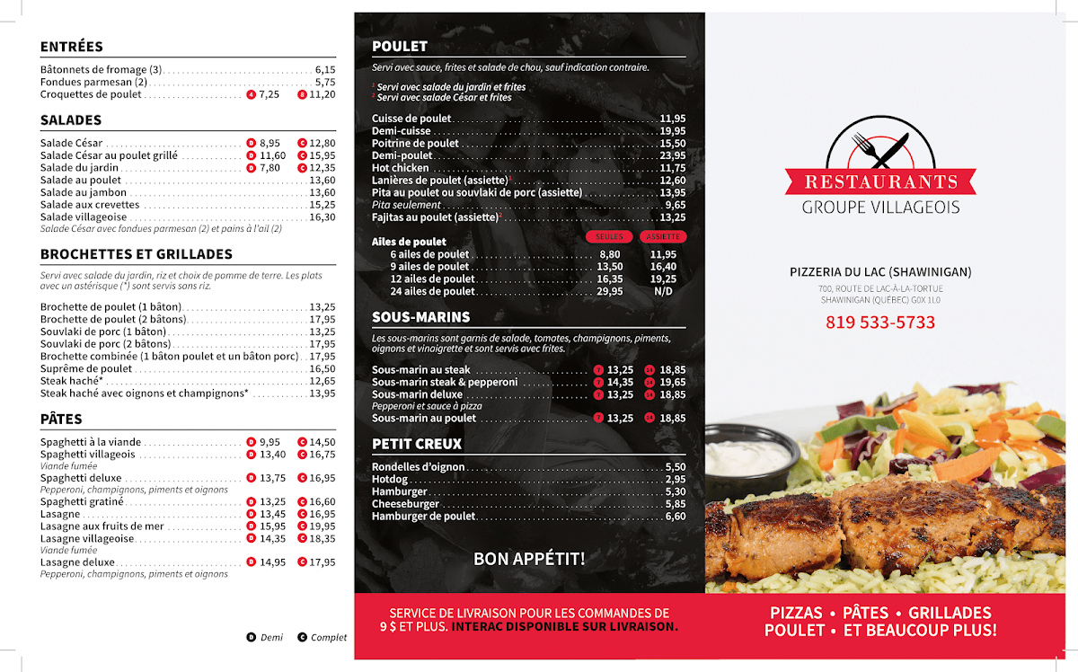 Menu, Pizzeria Du Lac Enr