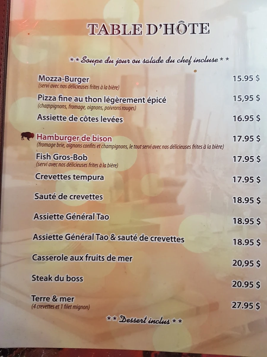 Menu, Pizzeria Du Lac Enr