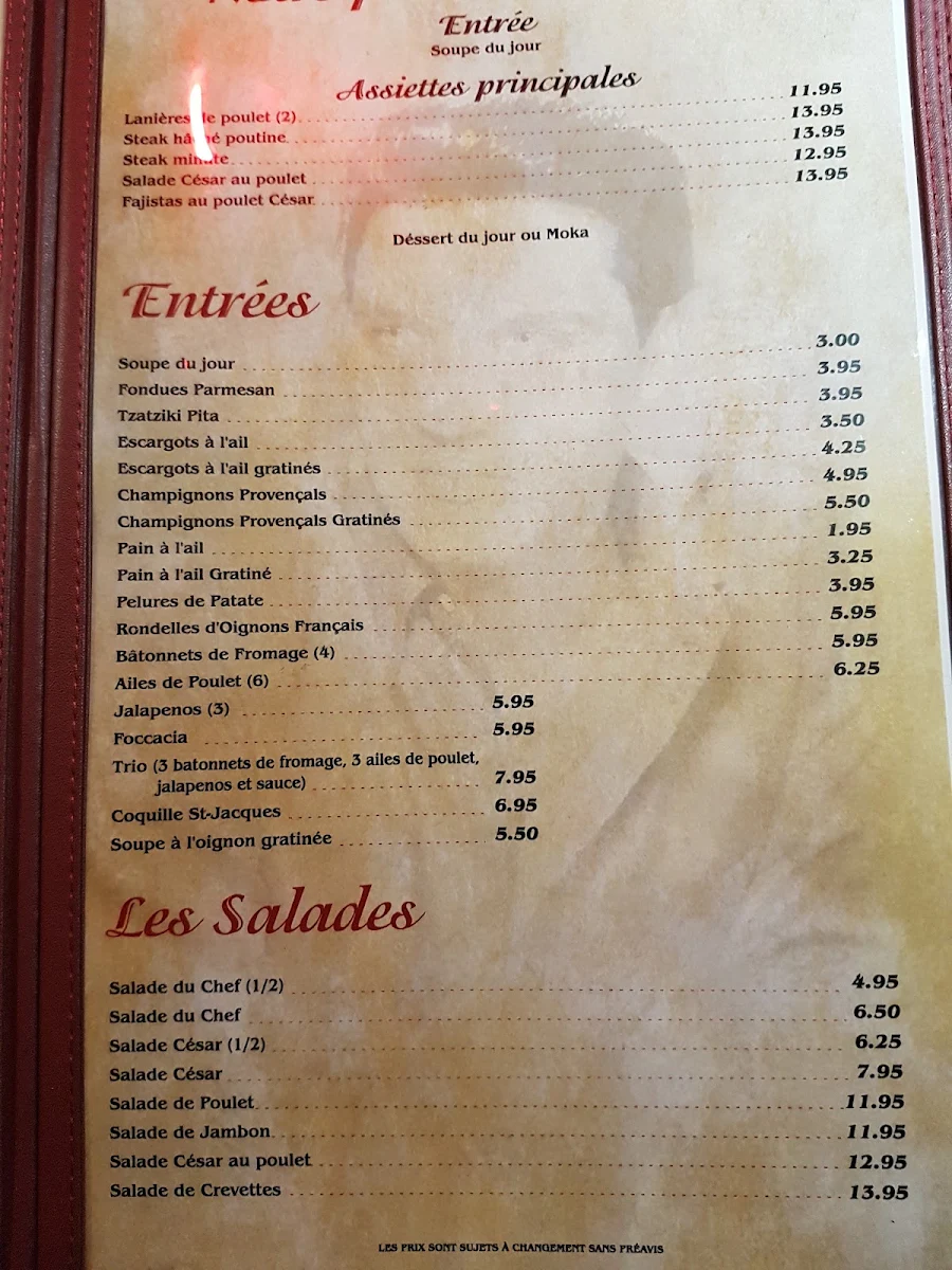 Menu, Pizzeria Du Lac Enr