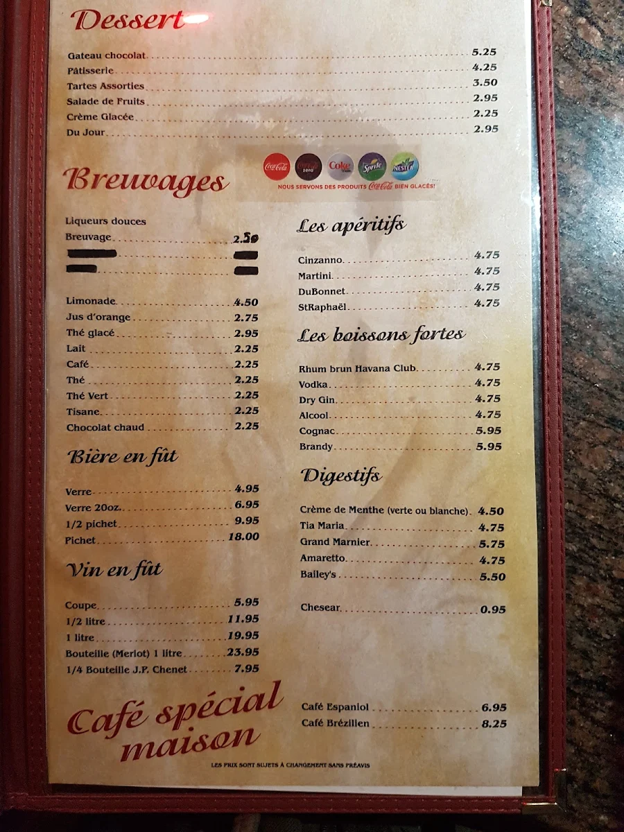 Menu, Pizzeria Du Lac Enr