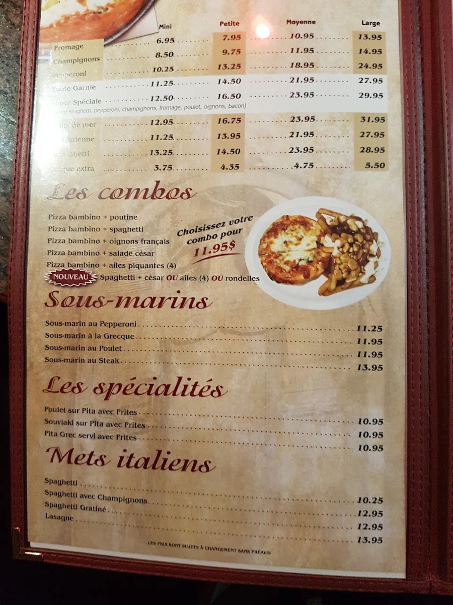 Menu, Pizzeria Du Lac Enr