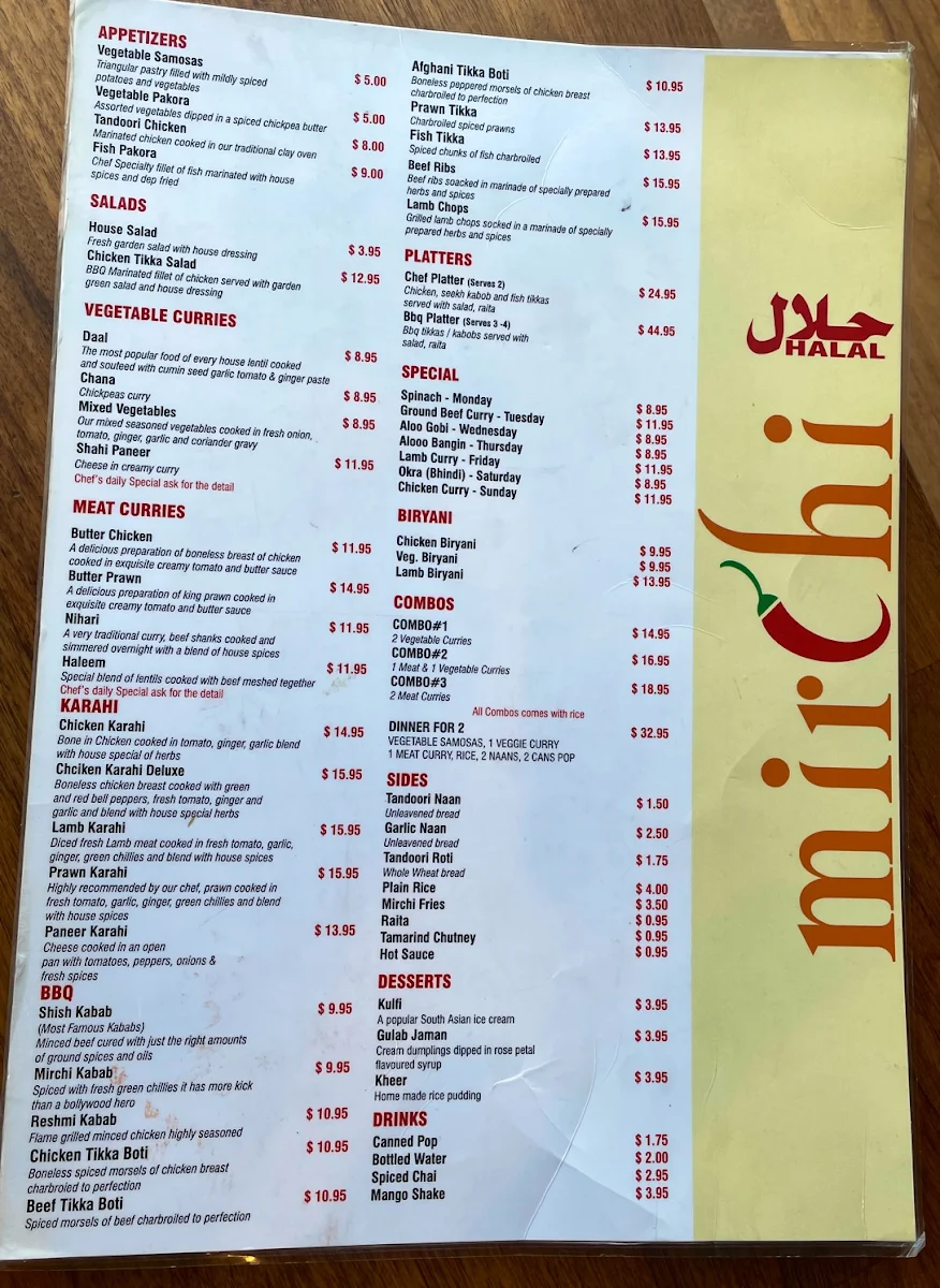 Menu, Mirchi Restaurant Southwest Calgary