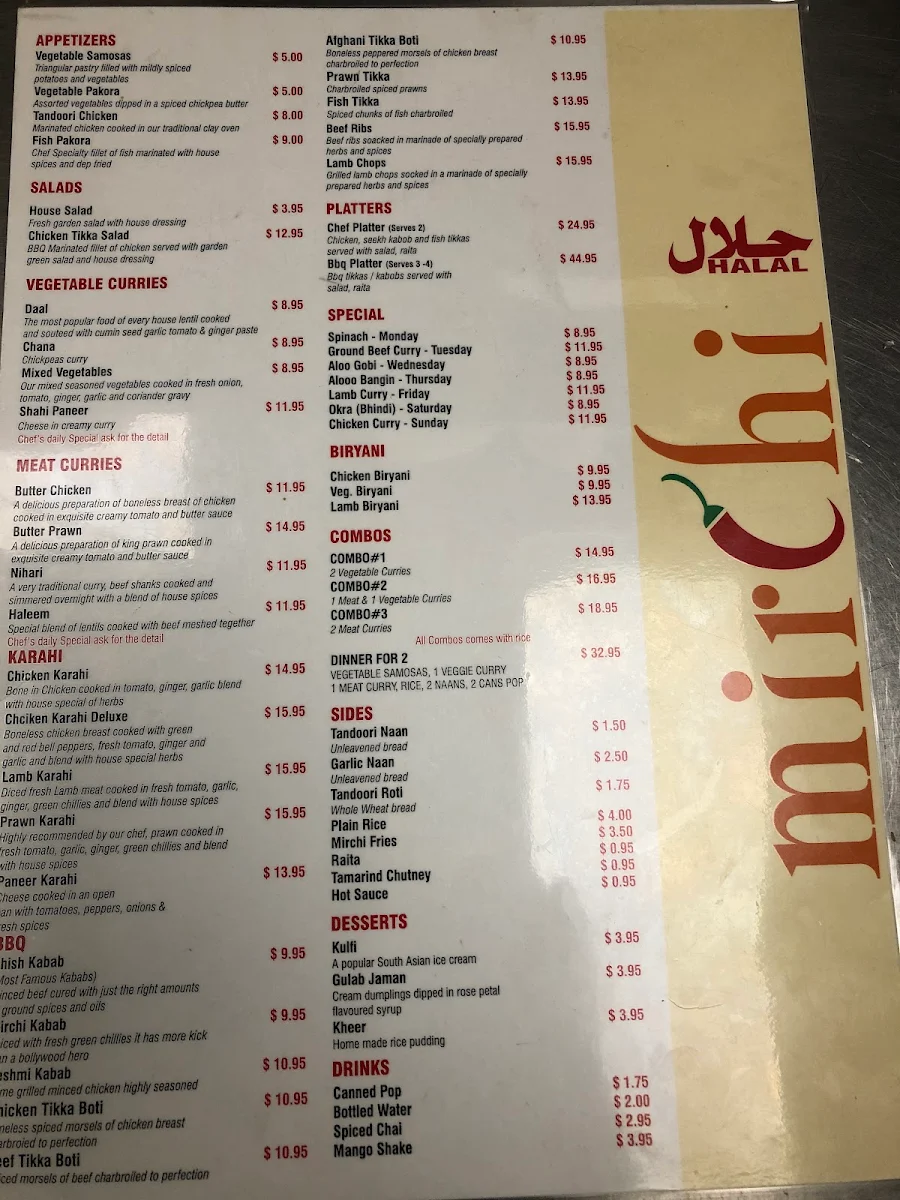 Menu, Mirchi Restaurant Southwest Calgary