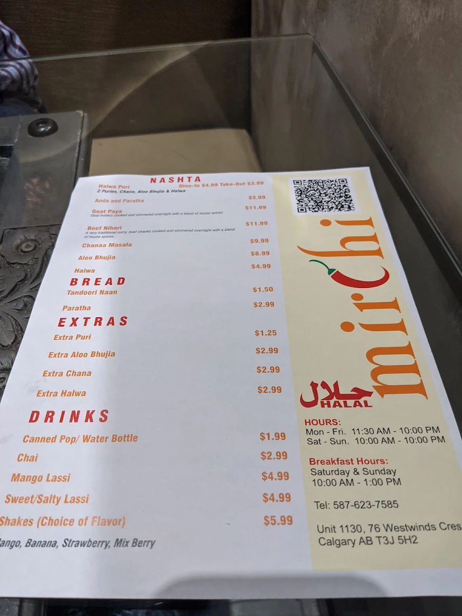 Menu, Mirchi Restaurant Southwest Calgary