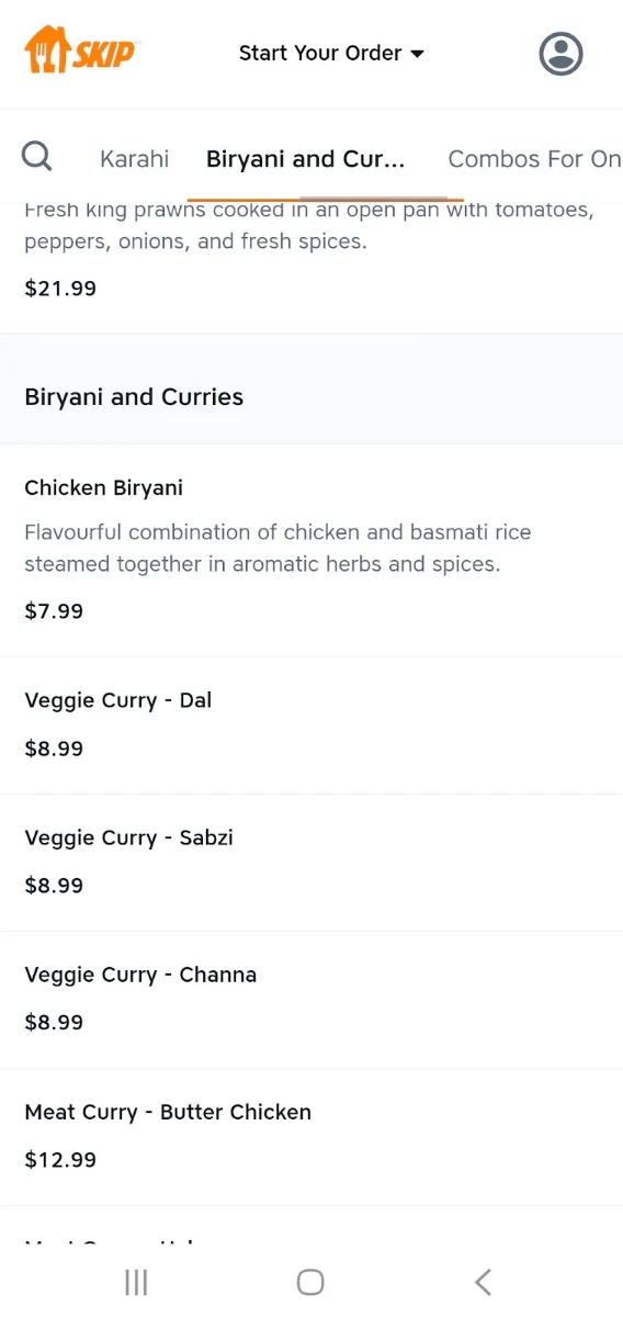 Menu, Mirchi Restaurant Southwest Calgary