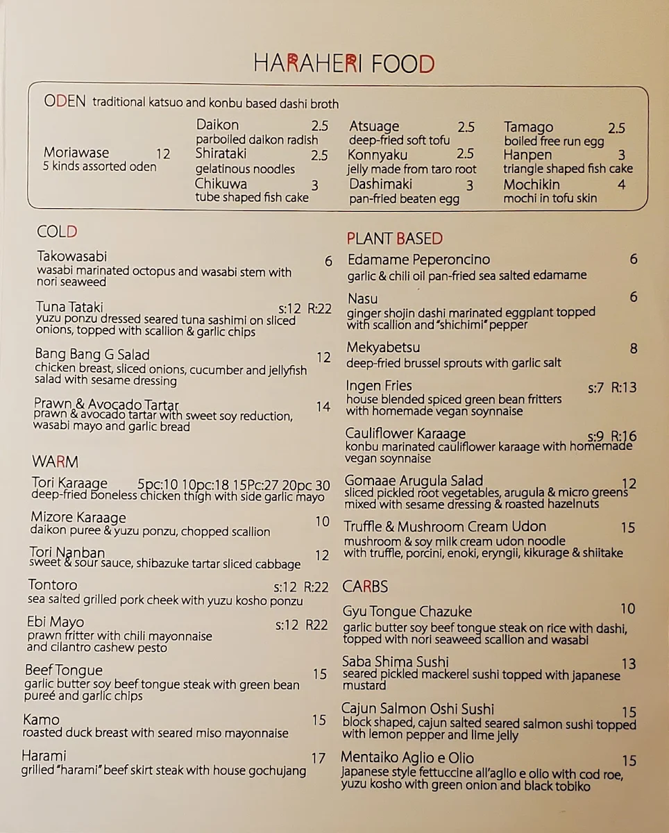 Menu, Eat Bar & Patio Haraheri