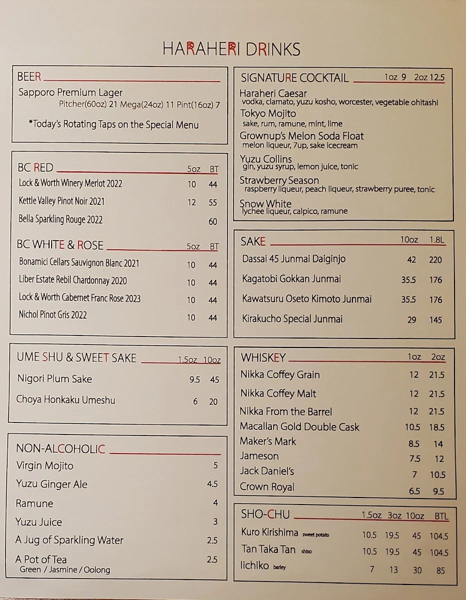 Menu, Eat Bar & Patio Haraheri