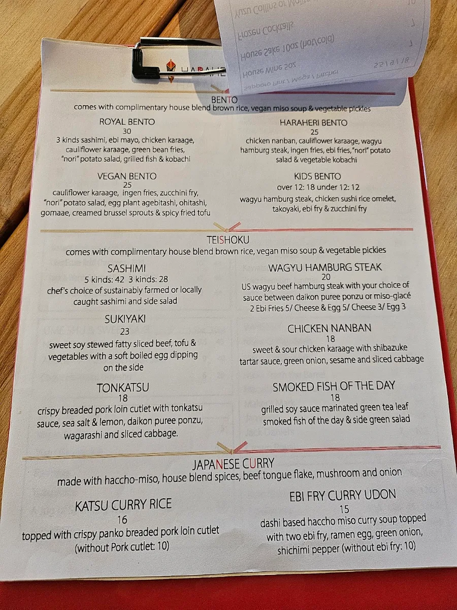 Menu, Eat Bar & Patio Haraheri