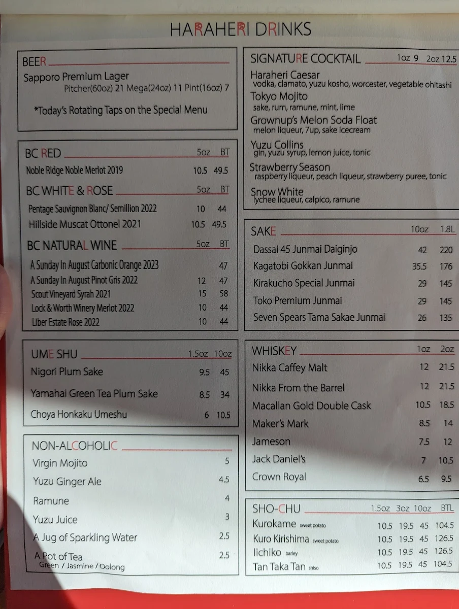 Menu, Eat Bar & Patio Haraheri
