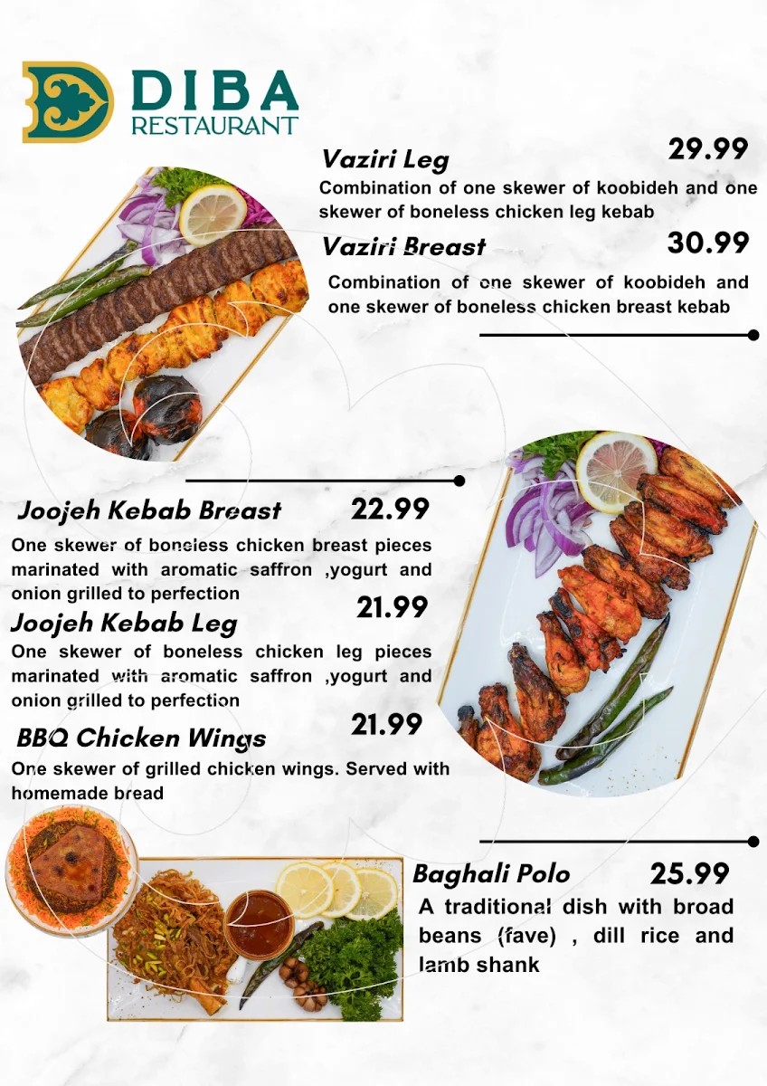 Menu, Diba Restaurant