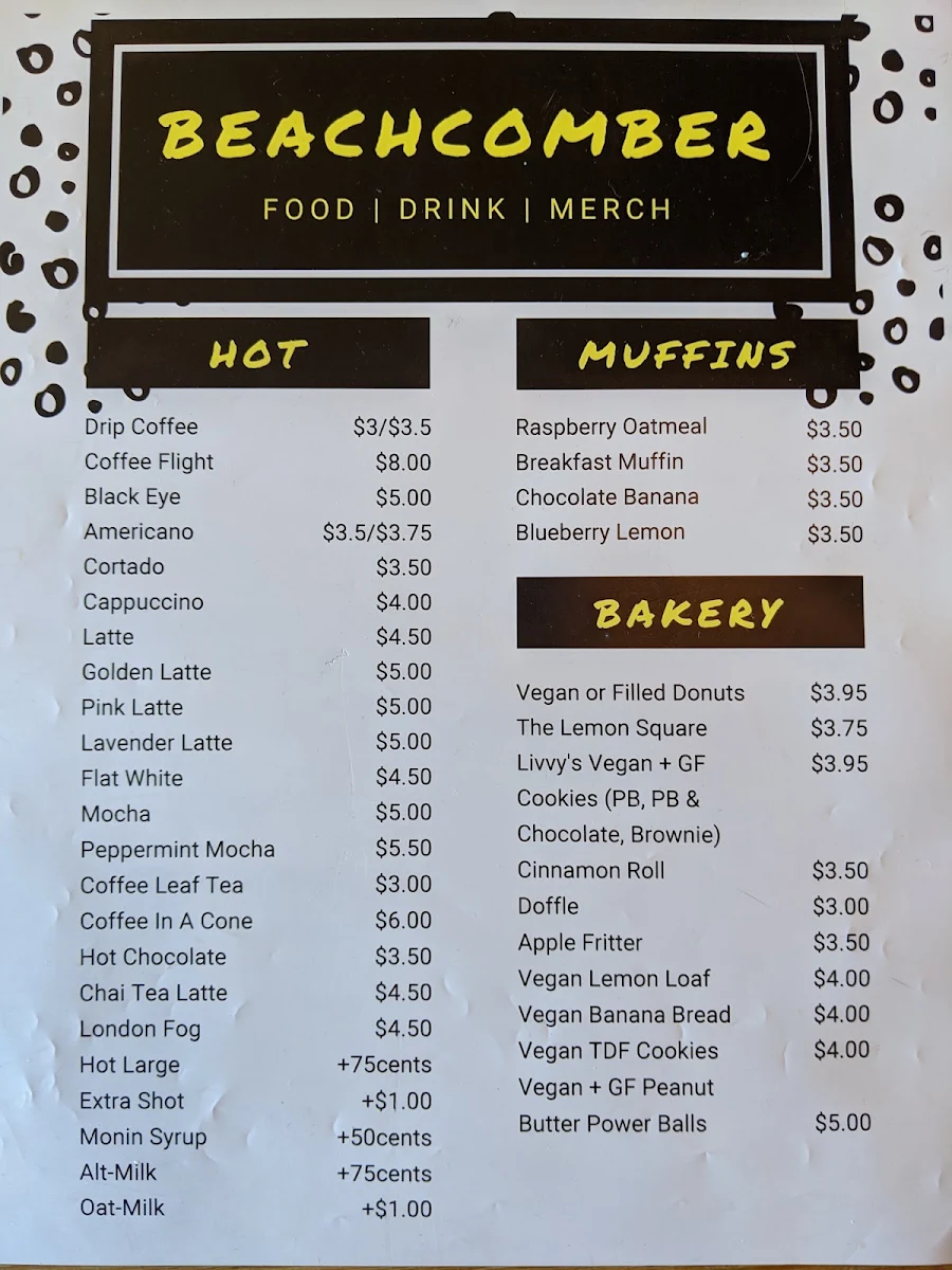 Menu, Beachcomber Coffee Company