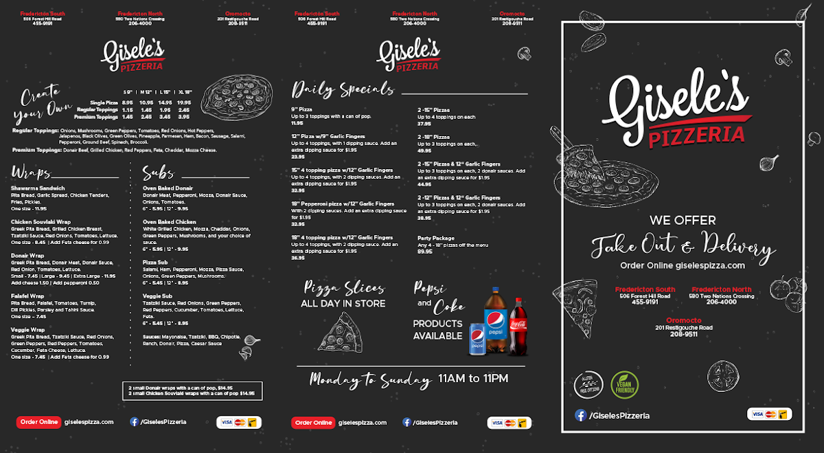 Menu, Gisele's Pizzeria Oromocto