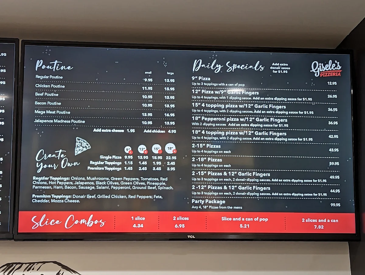 Menu, Gisele's Pizzeria Oromocto