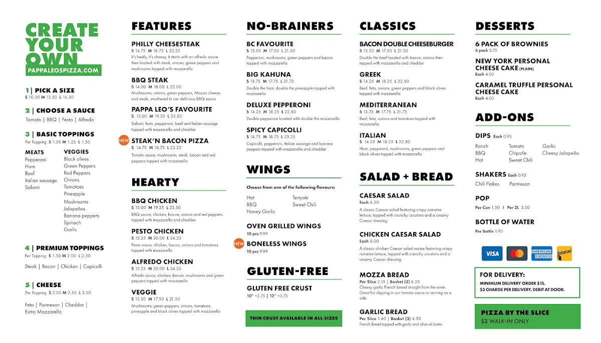 Menu, Pappa Leo's Pizza
