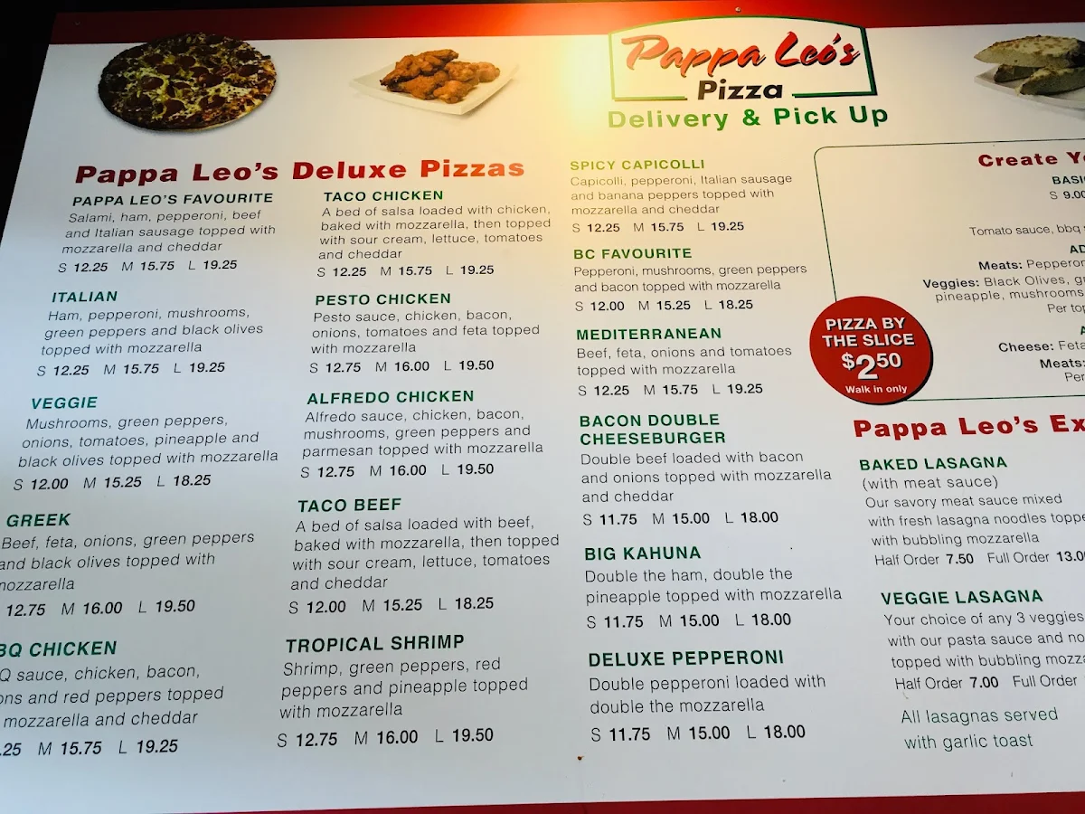 Menu, Pappa Leo's Pizza