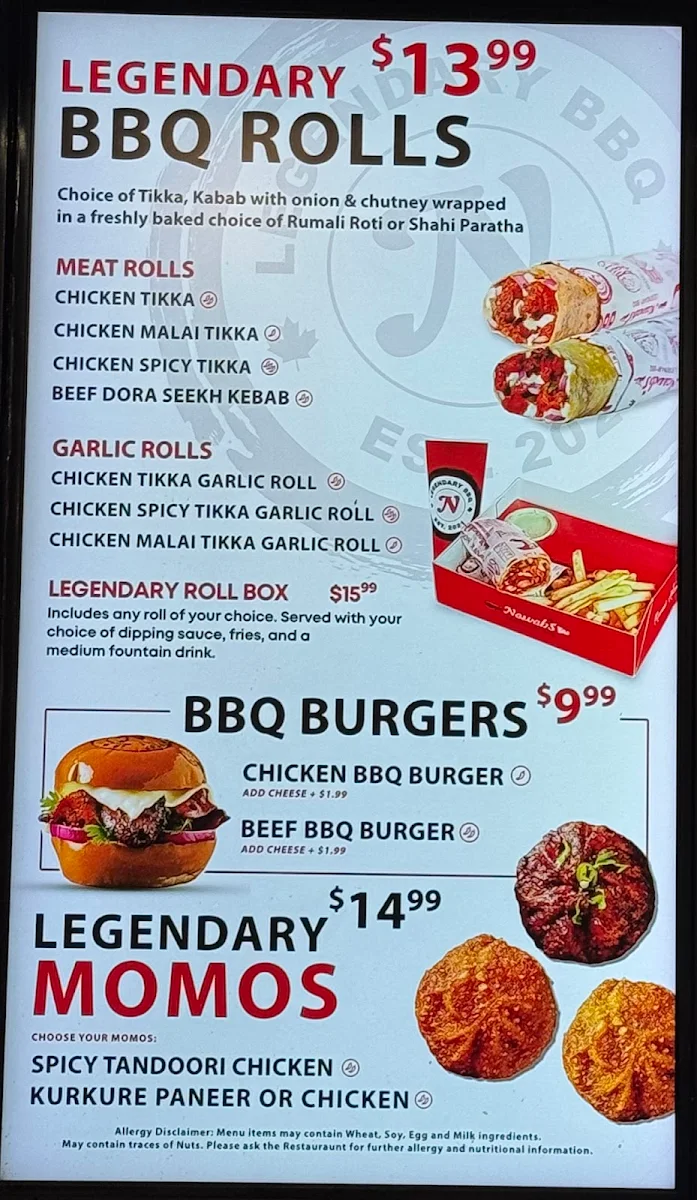 Menu, Nawab's Legendary BBQ
