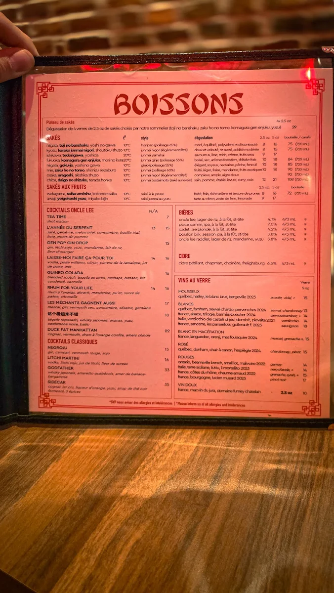 Menu, Oncle Lee