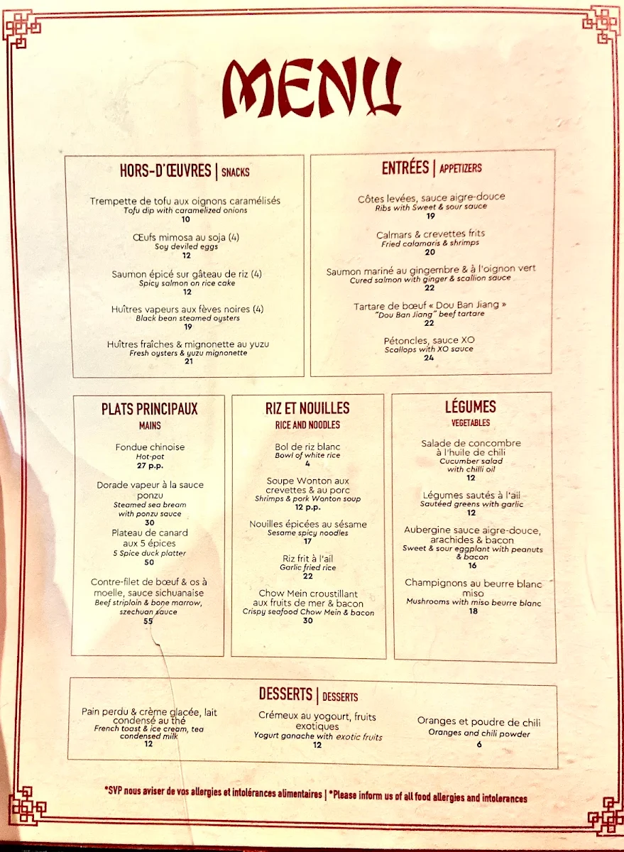 Menu, Oncle Lee