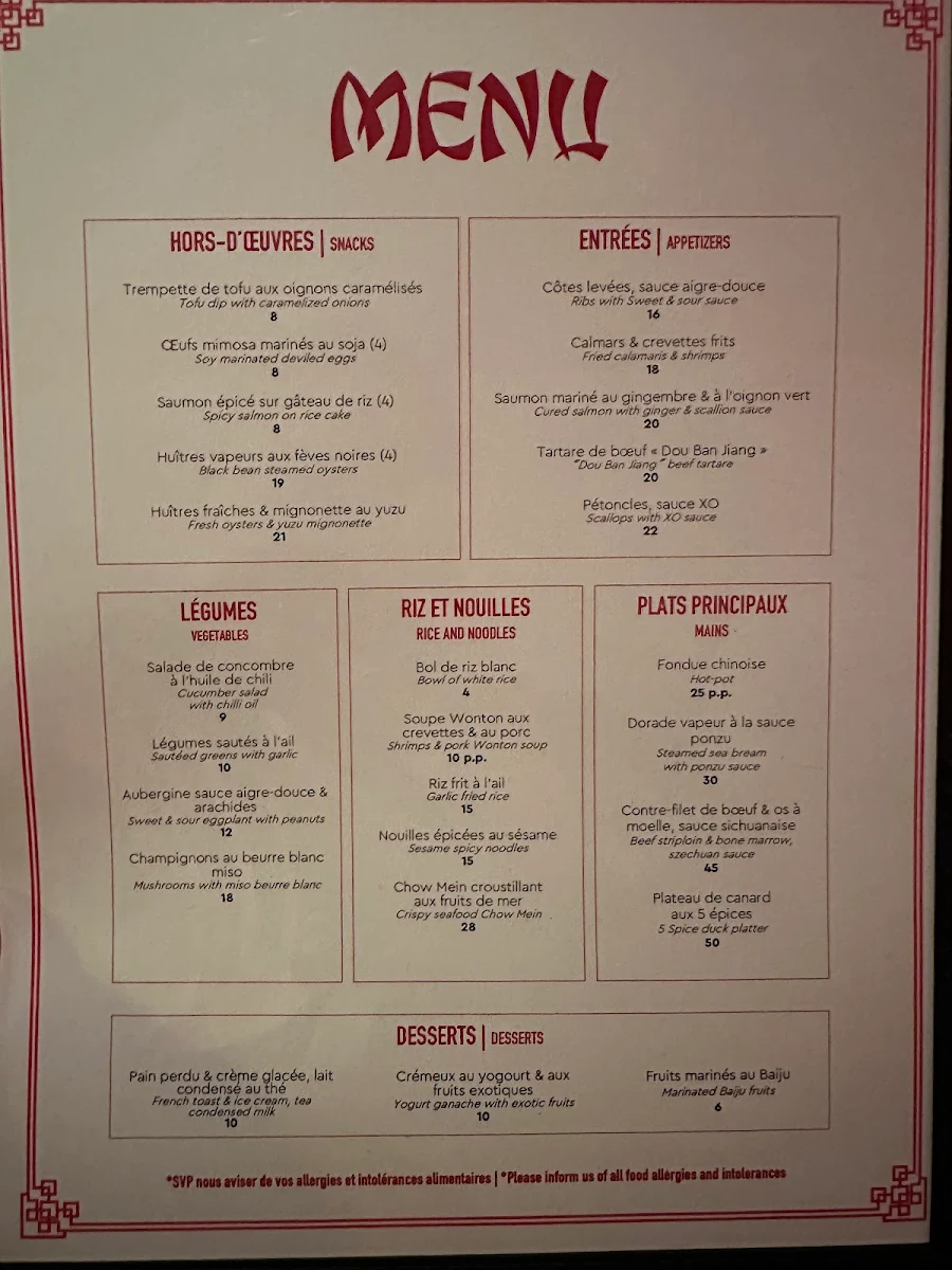 Menu, Oncle Lee