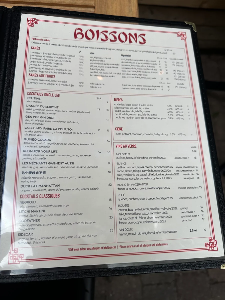 Menu, Oncle Lee