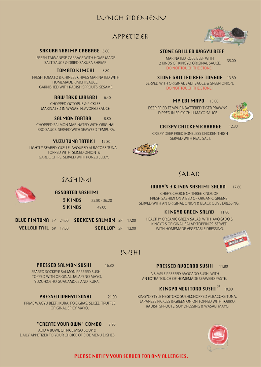 Menu, Kingyo Izakaya