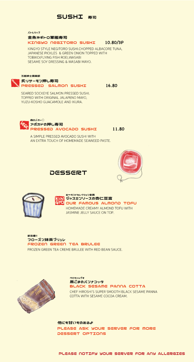 Menu, Kingyo Izakaya