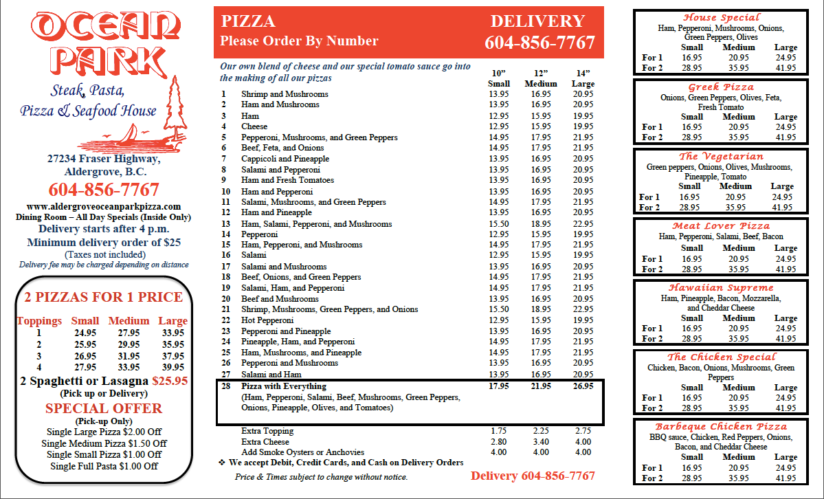 Menu, Ocean Park Pizza & Steak House