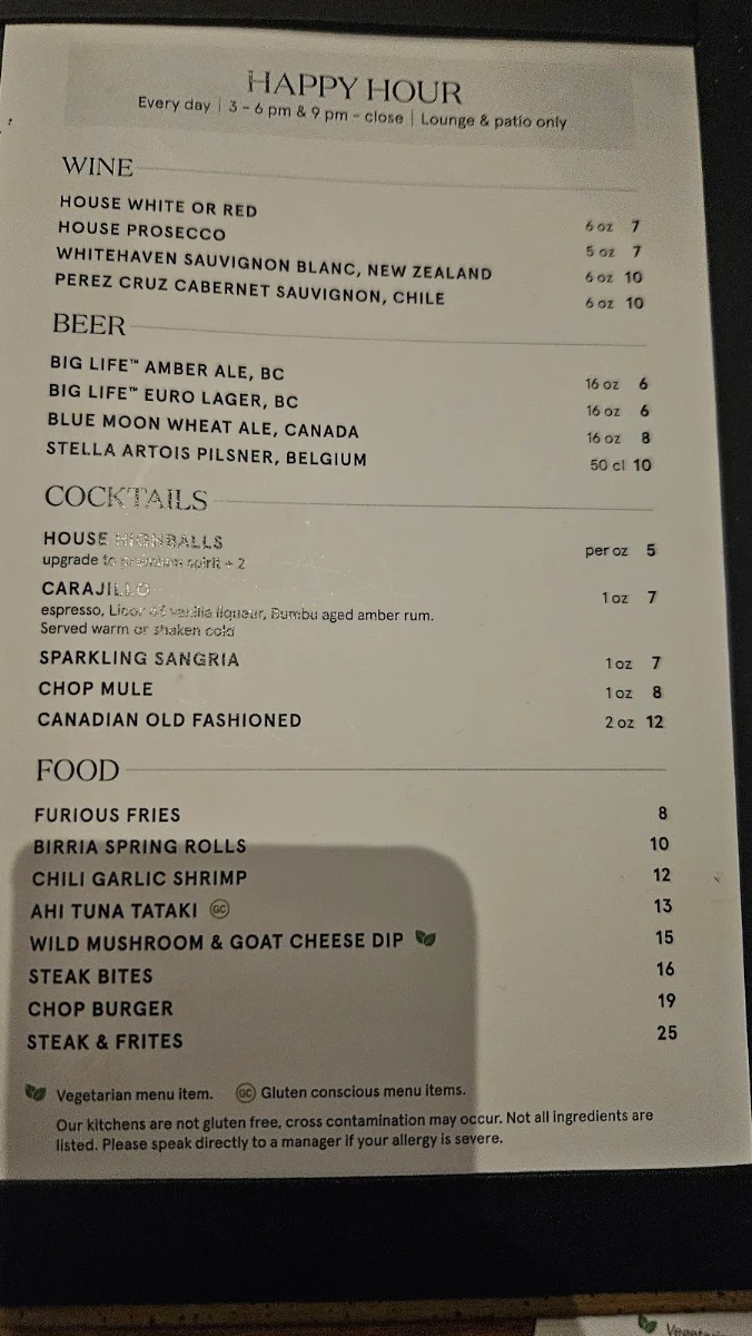 Menu, Chop Steakhouse & Bar