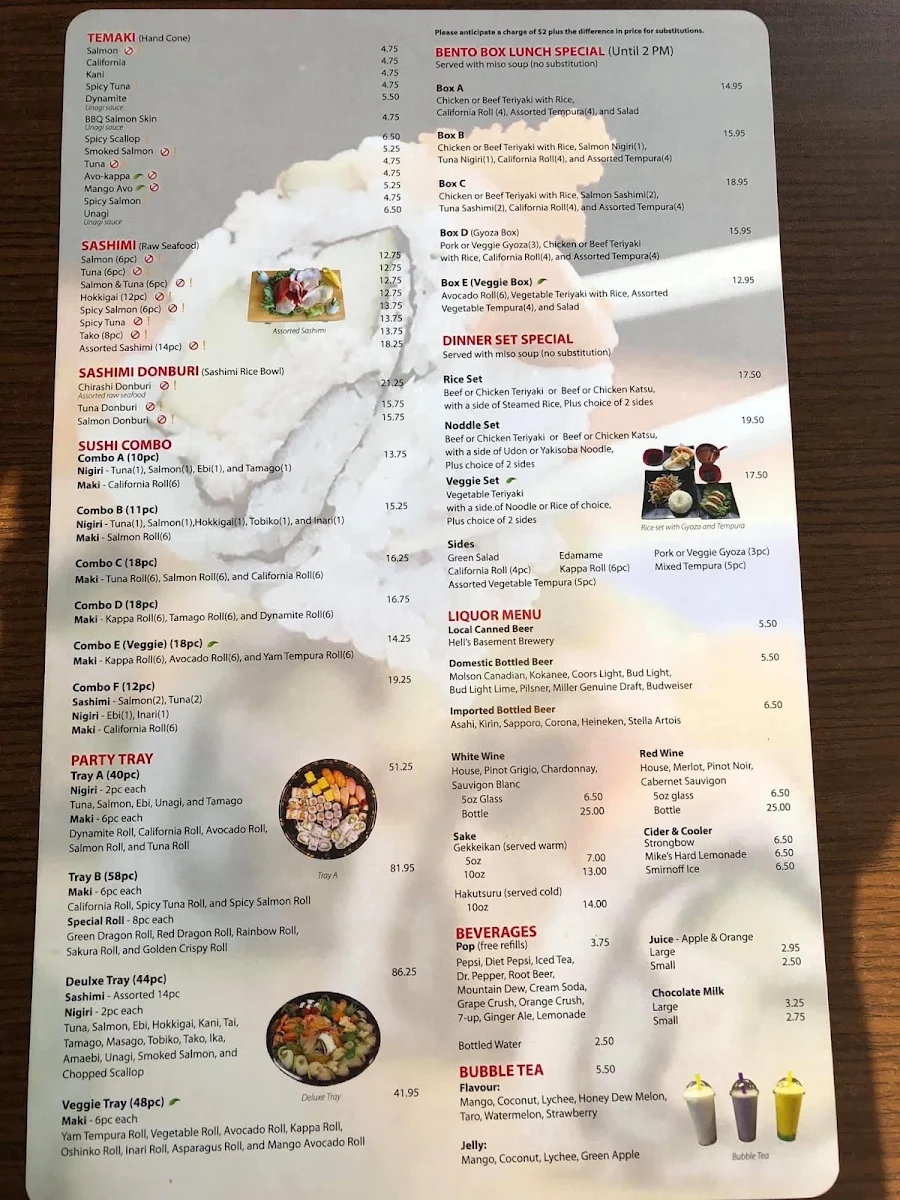 Menu, Tsuki Japanese restaurant