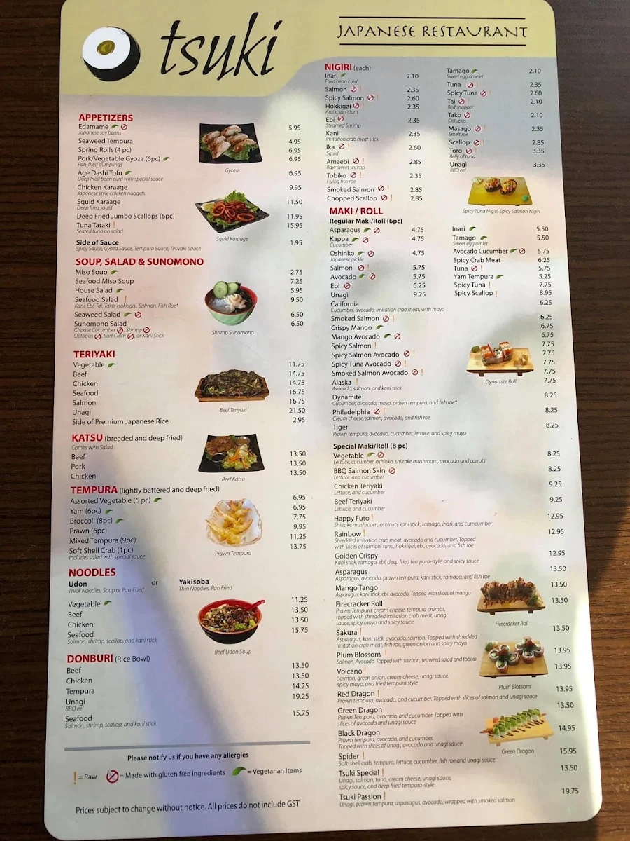 Menu, Tsuki Japanese restaurant