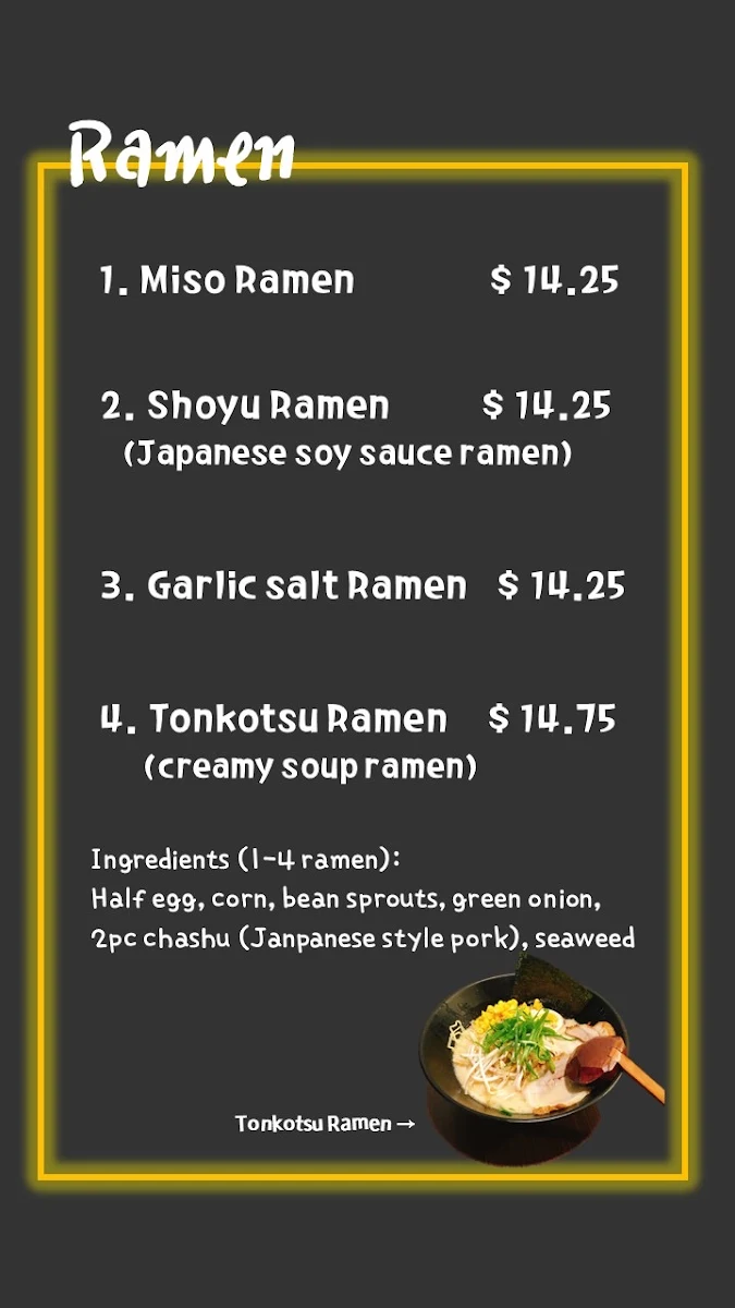 Menu, Tsuki Japanese restaurant