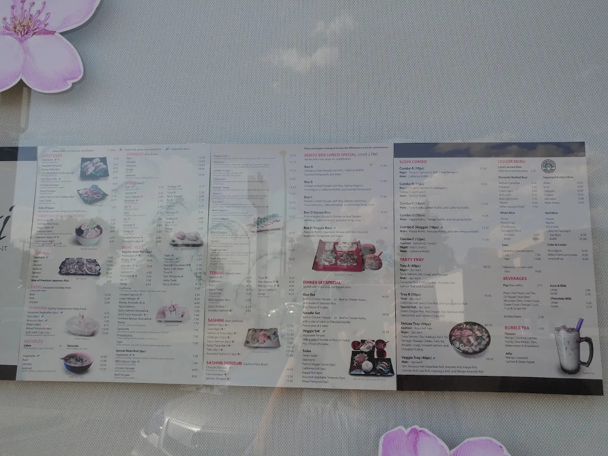 Menu, Tsuki Japanese restaurant