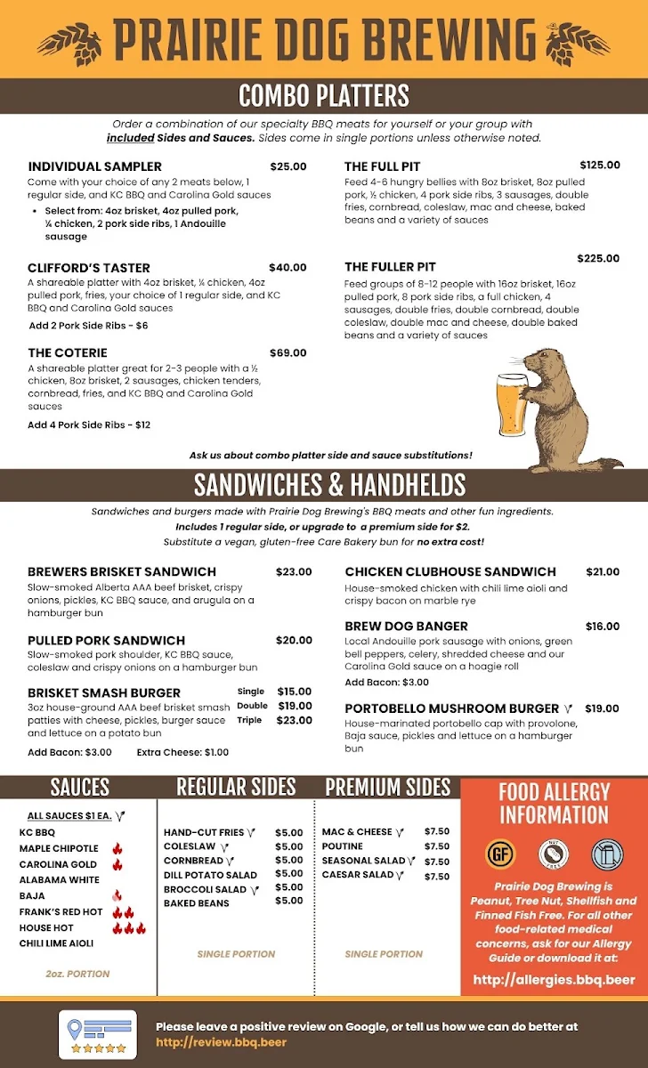 Menu, Prairie Dog Brewing