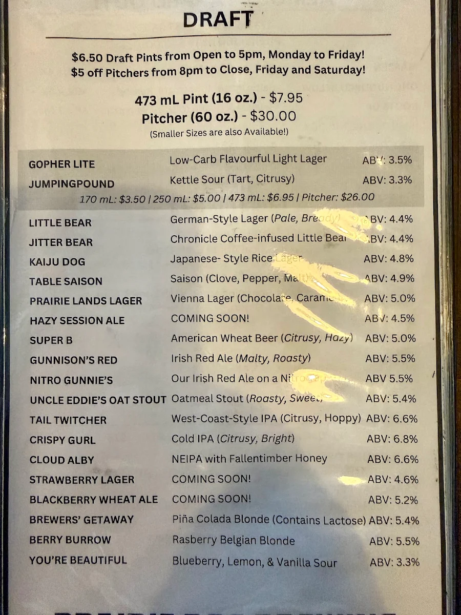 Menu, Prairie Dog Brewing