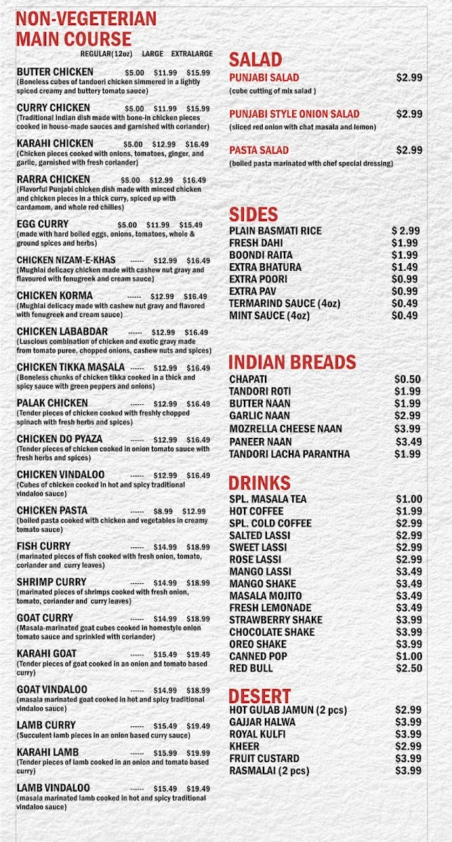 Menu, Royal Punjabi Restaurant & Caterers